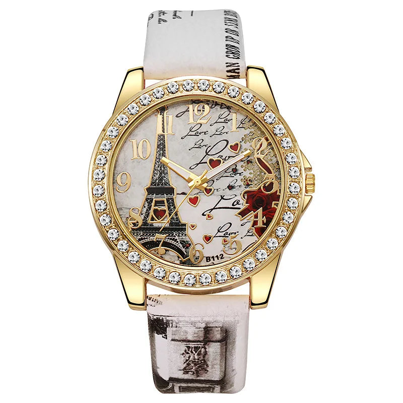 Fashion Large Dial Ladies Quartz Watch Romantic Eiffel Tower Design Women Leather Clock Gift Dress Watches