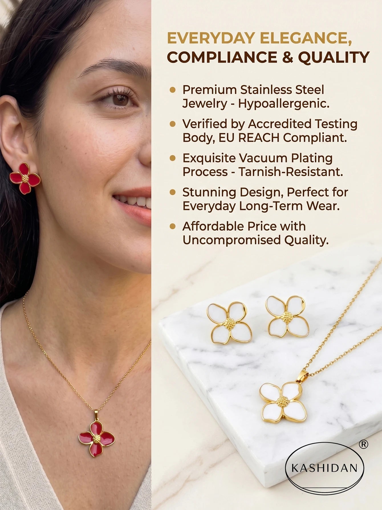Woman wearing gold jewelry with a focus on 'Everyday Elegance, Compliance & Quality' text.