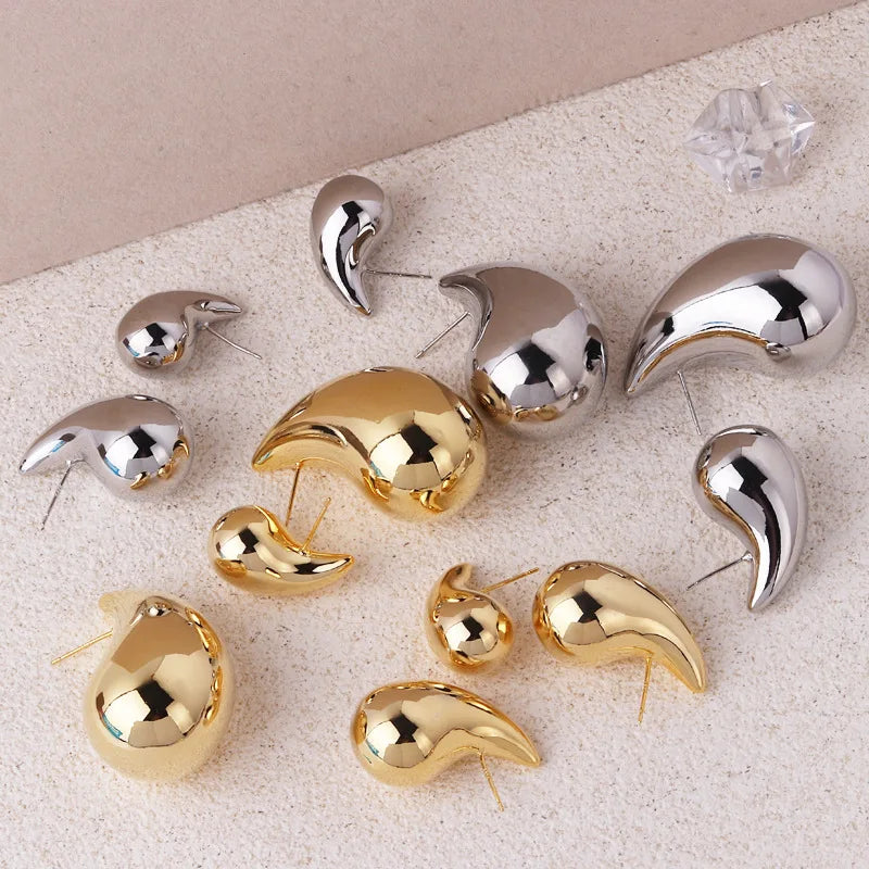 Vintage Gold Plated Chunky Dome Drop Earrings for Women Glossy Stainless Steel Thick Teardrop Earrings Dupes Lightweight Hoops