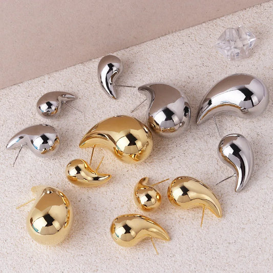 Vintage Gold Plated Chunky Dome Drop Earrings for Women Glossy Stainless Steel Thick Teardrop Earrings Dupes Lightweight Hoops