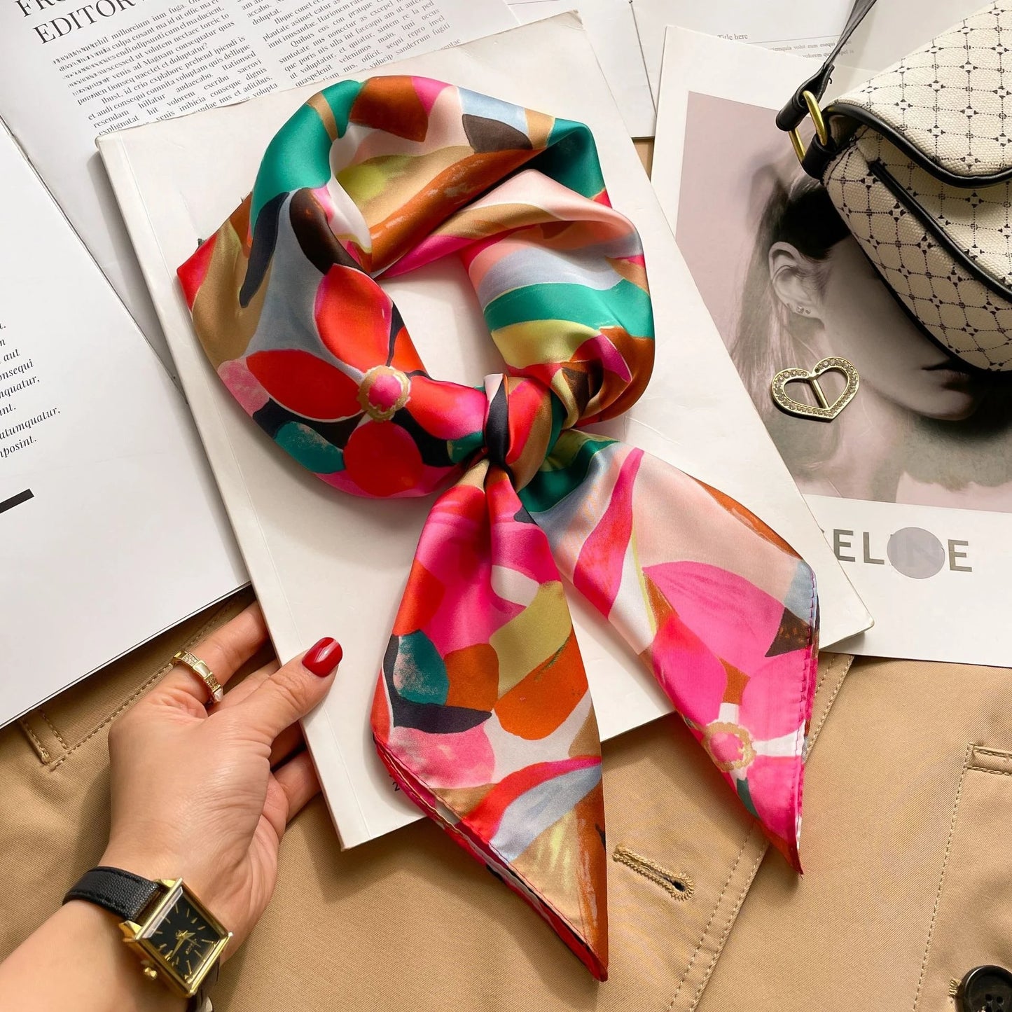 Fashion 70cm Green Print Square Silk Scarf Women Satin Neck Scarves Wrap Headkerchief Beach Hair Band Women's Bandana