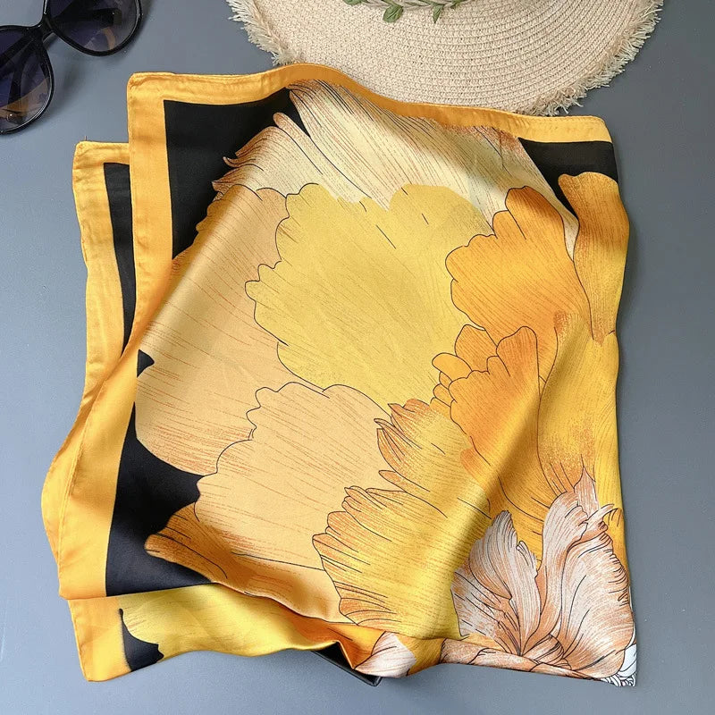 70*70cm Flower Silk Square Scarf Women Satin Shawl Wrap Hijab Female Hair Band Wrist Luxury Headkerchief Echarpe fashion Bandana