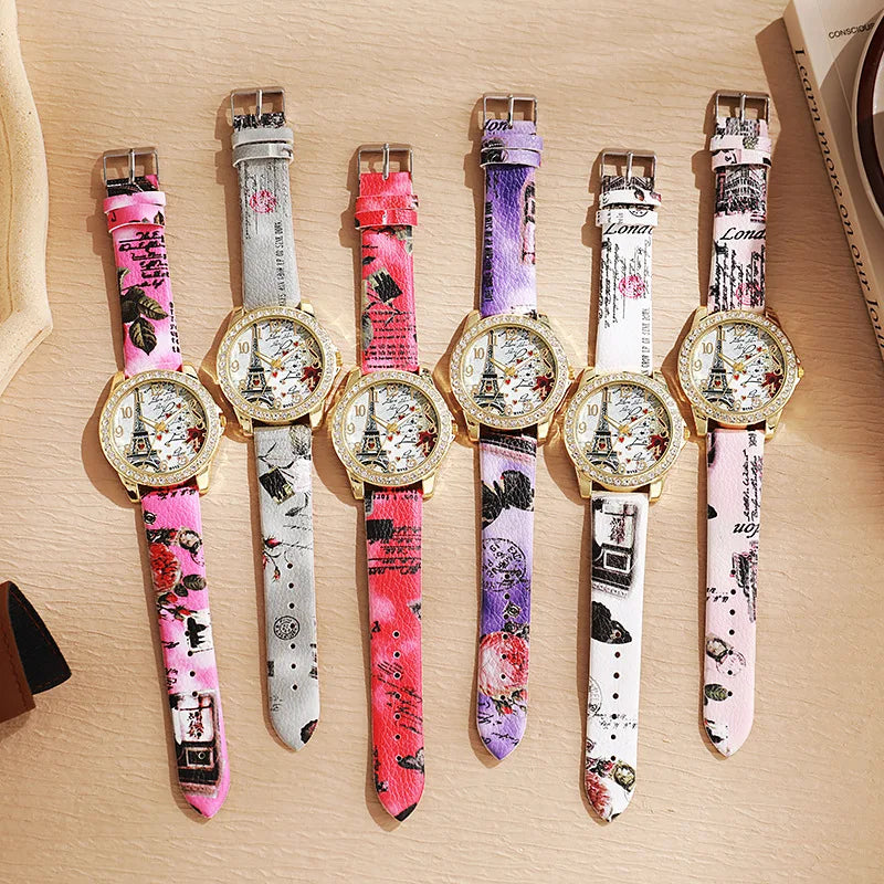 Fashion Large Dial Ladies Quartz Watch Romantic Eiffel Tower Design Women Leather Clock Gift Dress Watches