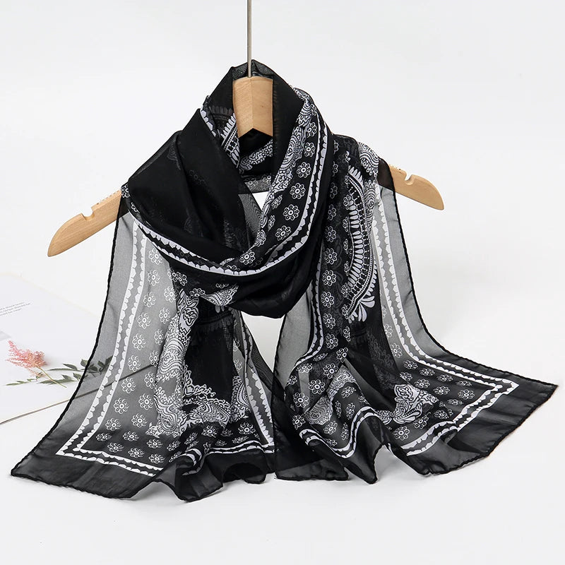 2026 New Print Chiffon Scarf Shawl Women Sunscreen Silk Scarf Turban Long Wrap Beach Travel Outdoor Accessories Trendy Headband