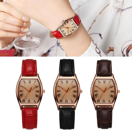 Ladies Leather Watch Retro Women Wristwatch Vintage Ladies Watch with Soft Leather Strap Elegant Barrel Shape Dial for Office