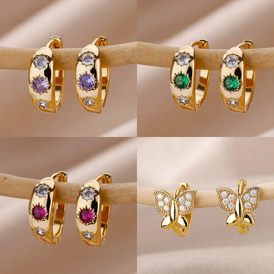 Zircon Round Star Earring For Women Geometric Stainless Steel Heart Hoop Earring Party Wedding Aesthetic Jewelry Gift