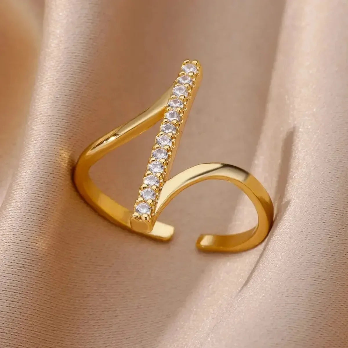 Simple Shiny Zircon Geometric Rings for Women Stainless Steel Ring Opening Gold Plated Wedding Finger Ring Jewelry Party Gifts