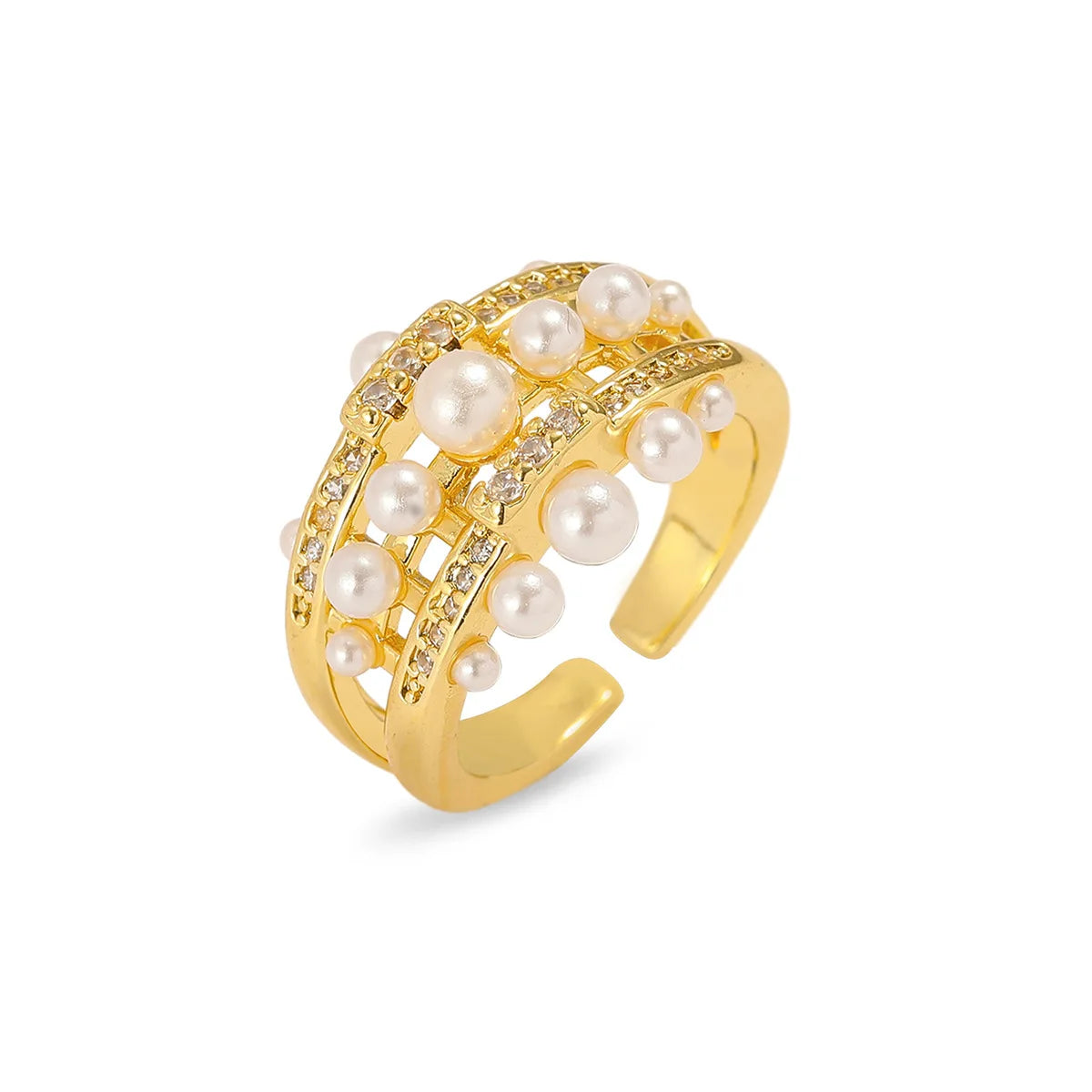 Elegant Imitation Pearl Zircon Ring for Women Girls Gold Color Sweet Adjustable Openable Copper Rings Jewelry Gifts
