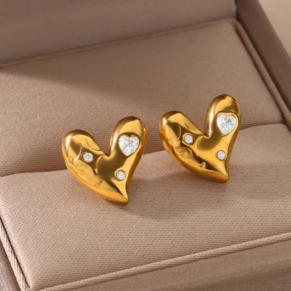 Stainless Steel Gold Plated Heart Shaped Set Zircon Stud Earrings for Women Delicate Hoops Earring Wedding Party Jewelry Gifts