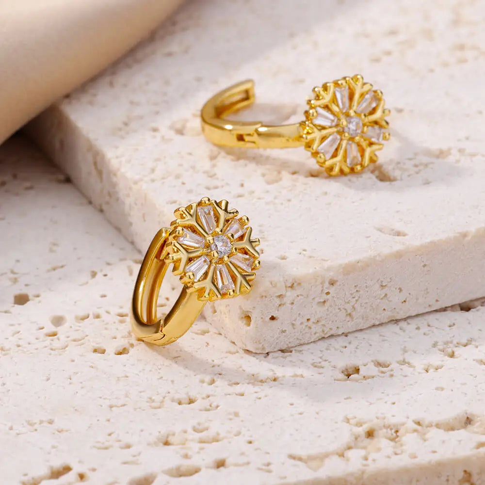 Zircon Snowflake Earrings For Women Gold Color Stainless Steel Flower Geometric Hoop Earring Aesthetic Luxury Wedding Jewerly