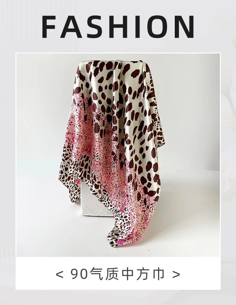 Leopard Print Square Scarf Stitching Color 90cm Satin Square Scarf Arab Trend Shawl Scarf Ladies Headscarf Hair Accessories