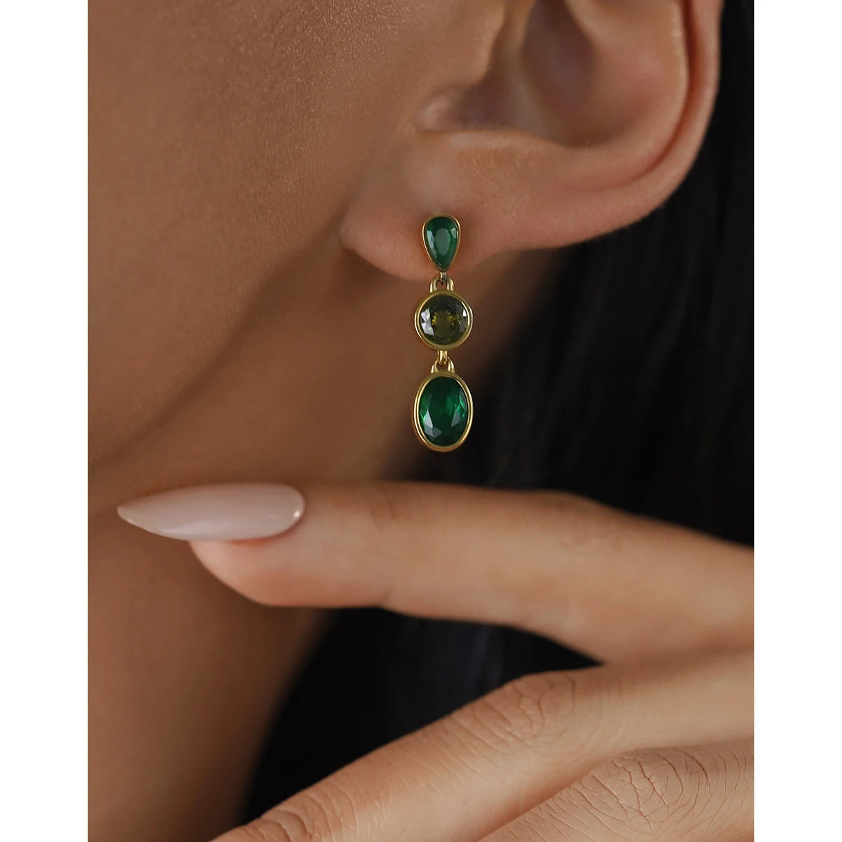 YACHAN Vintage Luxury Green Zircon Crystal Drop Earrings for Women 18K Gold Plated Stainless Steel Waterproof Trendy Jewelry