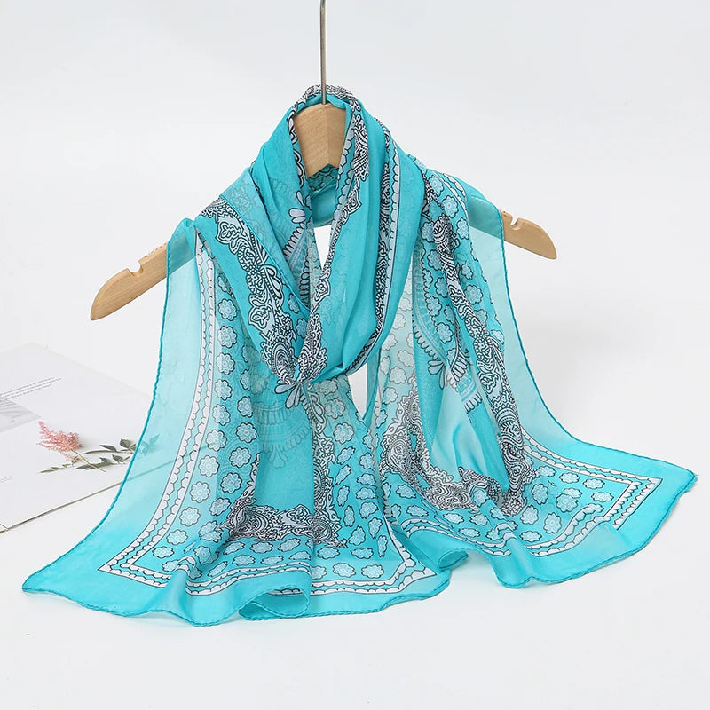 2026 New Print Chiffon Scarf Shawl Women Sunscreen Silk Scarf Turban Long Wrap Beach Travel Outdoor Accessories Trendy Headband