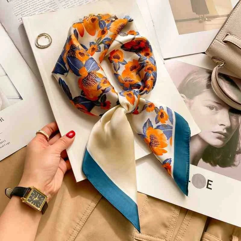 Silk Square Scarf Women Luxury Floral Print Soft Satin Kerchief Hairband Neckerchief Head Hijab Lady Headband Foulard Bag Ribbon