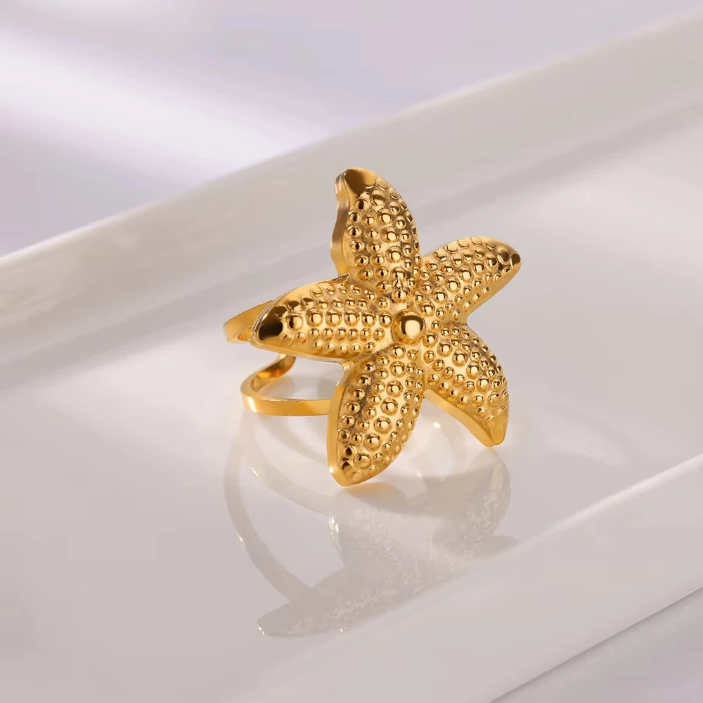 Starfish Shell Stainless Steel Open Rings For Women Fashion Gold Color Finger Ring Trendy Summer Beach Vacation Ocean Jewelry