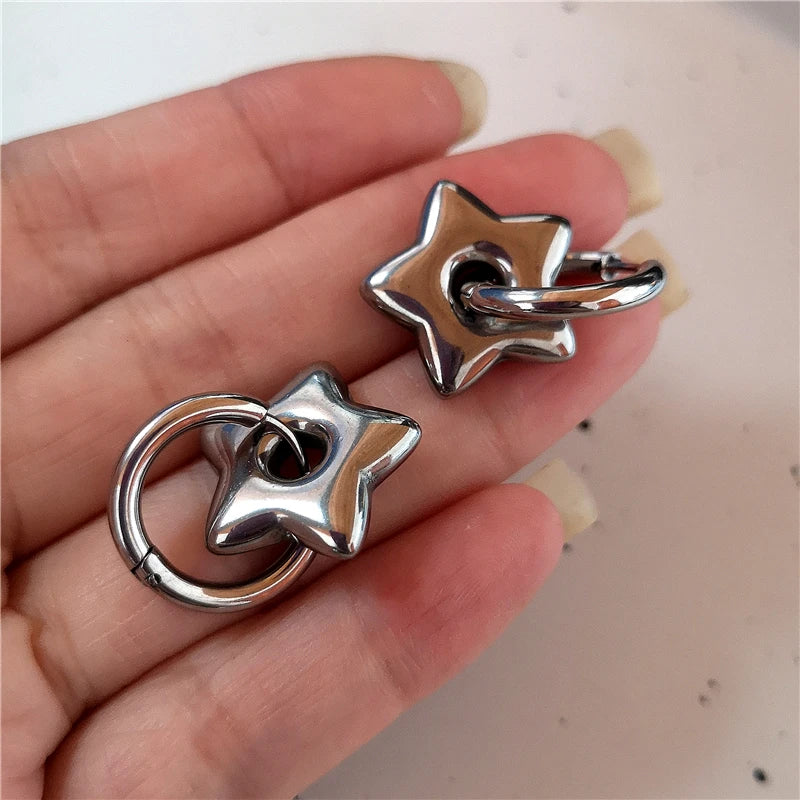 Stainless Steel Asymmetric Star Love Heart Hoop Earrings For Women Men Punk Hip Hop Trend Y2K Fashion Jewelry Scene Accessories