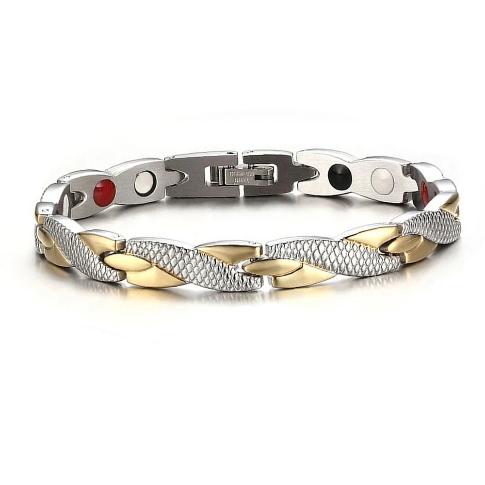 Silver and gold chain bracelet on a white background