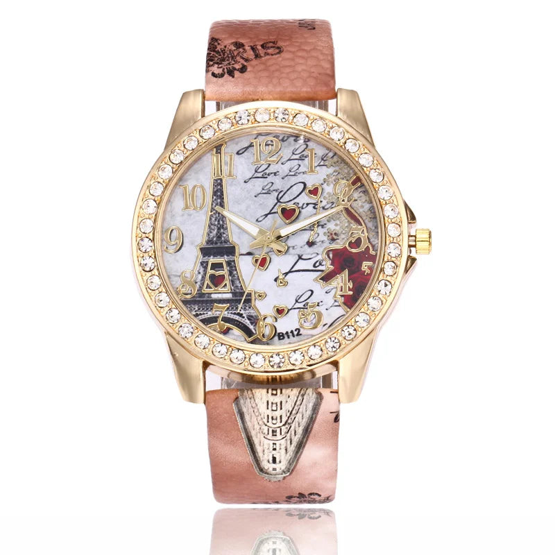 Fashion Large Dial Ladies Quartz Watch Romantic Eiffel Tower Design Women Leather Clock Gift Dress Watches