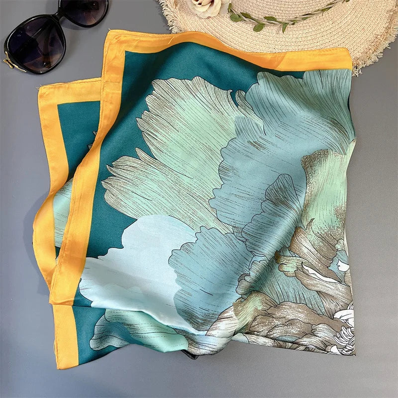 70*70cm Flower Silk Square Scarf Women Satin Shawl Wrap Hijab Female Hair Band Wrist Luxury Headkerchief Echarpe fashion Bandana