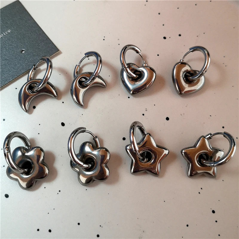 Stainless Steel Asymmetric Star Love Heart Hoop Earrings For Women Men Punk Hip Hop Trend Y2K Fashion Jewelry Scene Accessories