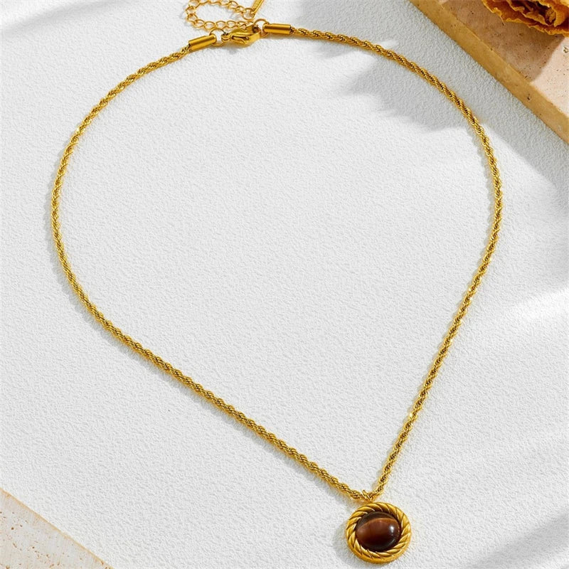 Kuziduocai Statement 316L Stainless Steel 2025 New Fashion Jewelry Retro Natural Stones Charm Chain Necklaces Pendants For Women