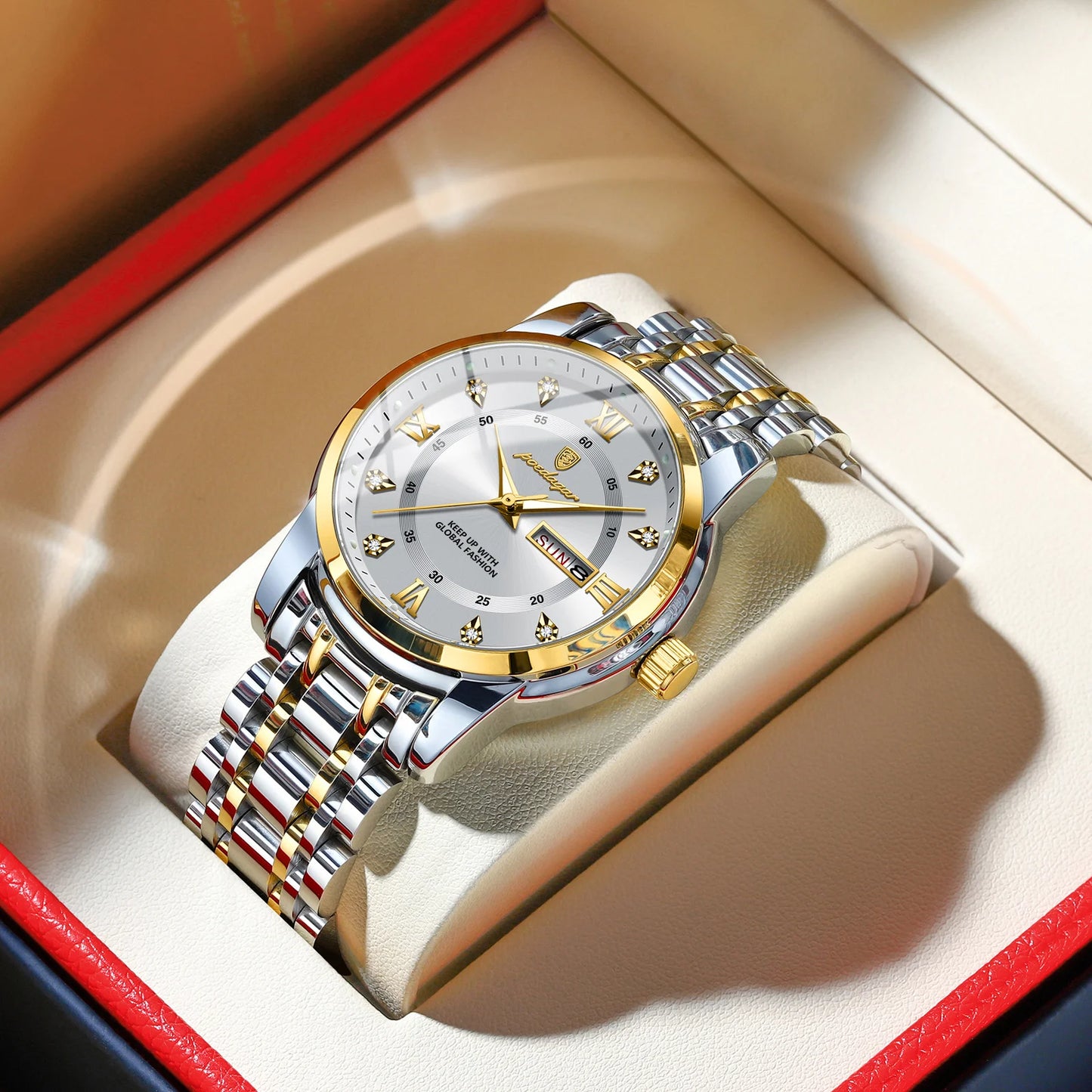 POEDAGAR Fashion Business Men's Quartz Watch Date Week Stainless Steel Man Wristwatch Waterproof Luminous Luxury Watches for Men
