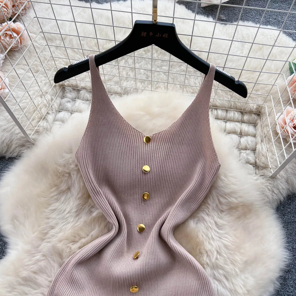 Bottons 2026 Sexy Summer Short Knit Strap Dress Women Tank Elatic Waist Bodycon Sundress Female Beach Split Backless Mini Dress