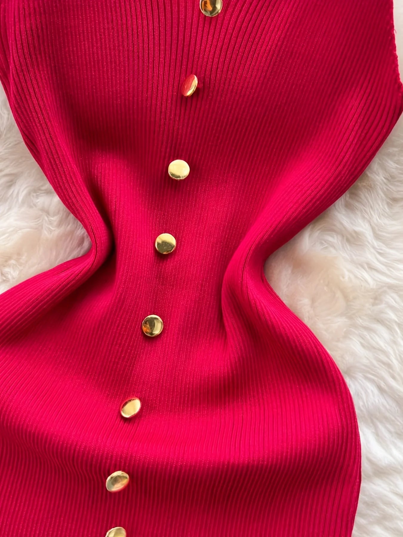 2024 Solid Button Front Spaghetti Dress Sexy Split Knit Cami Dress Bodycon Women's Clothing Outfits Split