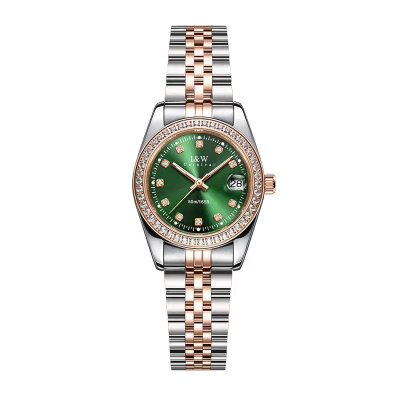 Watch with a green face and two-tone rose gold and silver bracelet on a white background