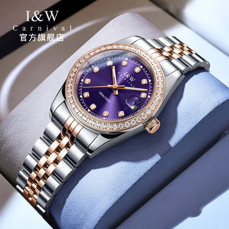Luxury watch with purple dial and rose gold accents on a light blue cushion, featuring I&W Carnival branding.