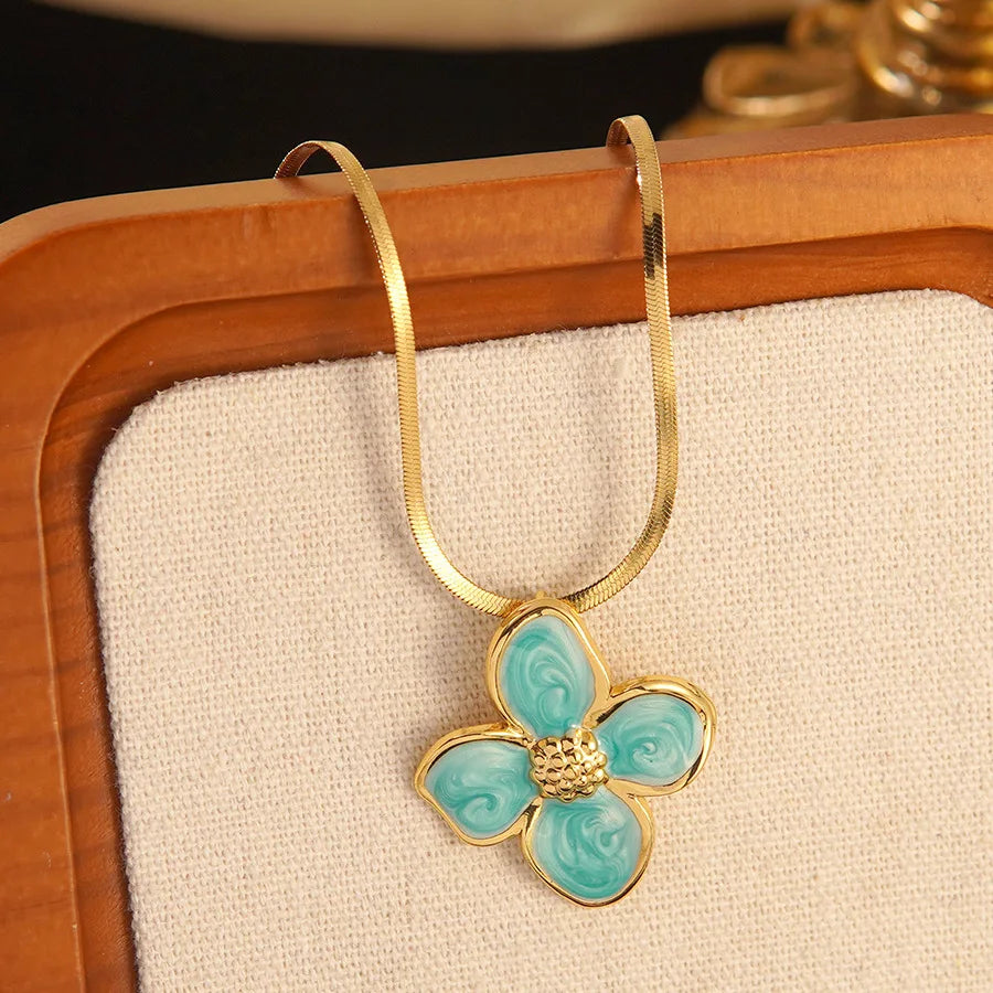 Stainless Steel Dripping Oil Flower Necklace Earring Set Light Luxury High-end Color Drip Glaze Frangipani Jewelry Set