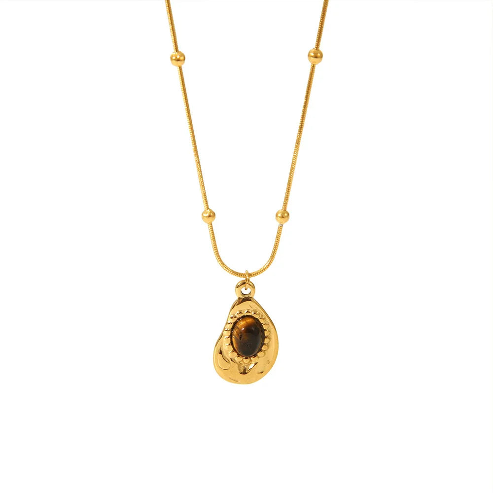 Fashion Natural Tiger's-eye Stone Water Droplet Pendant Necklace Stainless Steel Choker Women 18K PVD Plated Waterproof Jewelry