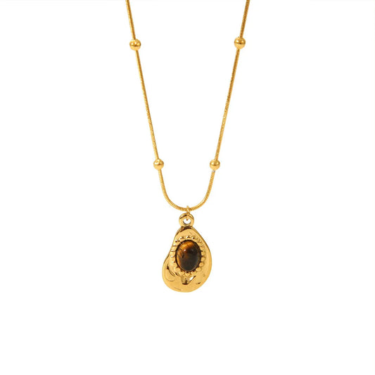 Fashion Natural Tiger's-eye Stone Water Droplet Pendant Necklace Stainless Steel Choker Women 18K PVD Plated Waterproof Jewelry