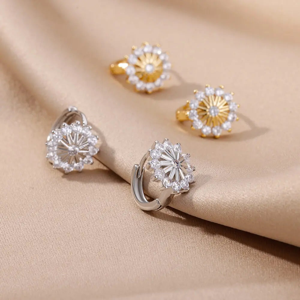 Zircon Snowflake Earrings For Women Gold Color Stainless Steel Flower Geometric Hoop Earring Aesthetic Luxury Wedding Jewerly