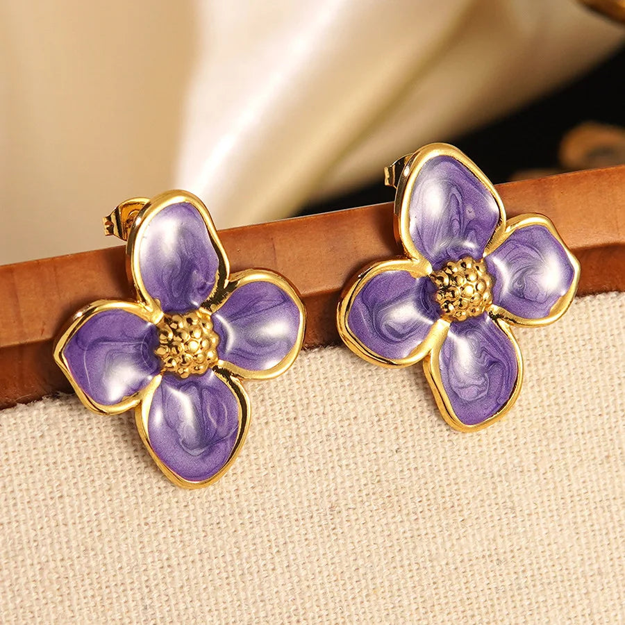 Stainless Steel Dripping Oil Flower Necklace Earring Set Light Luxury High-end Color Drip Glaze Frangipani Jewelry Set