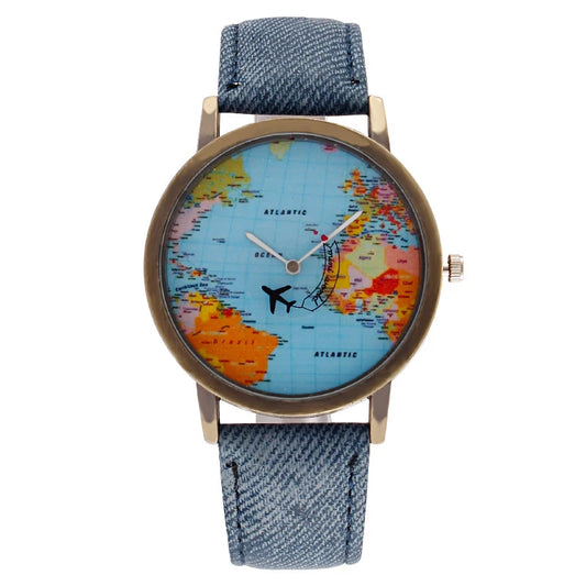 Men's Watches Fashion Trends World Earth Airplane Watch Hands Denim Wristbands Business Sports Quartz Watches watches for man