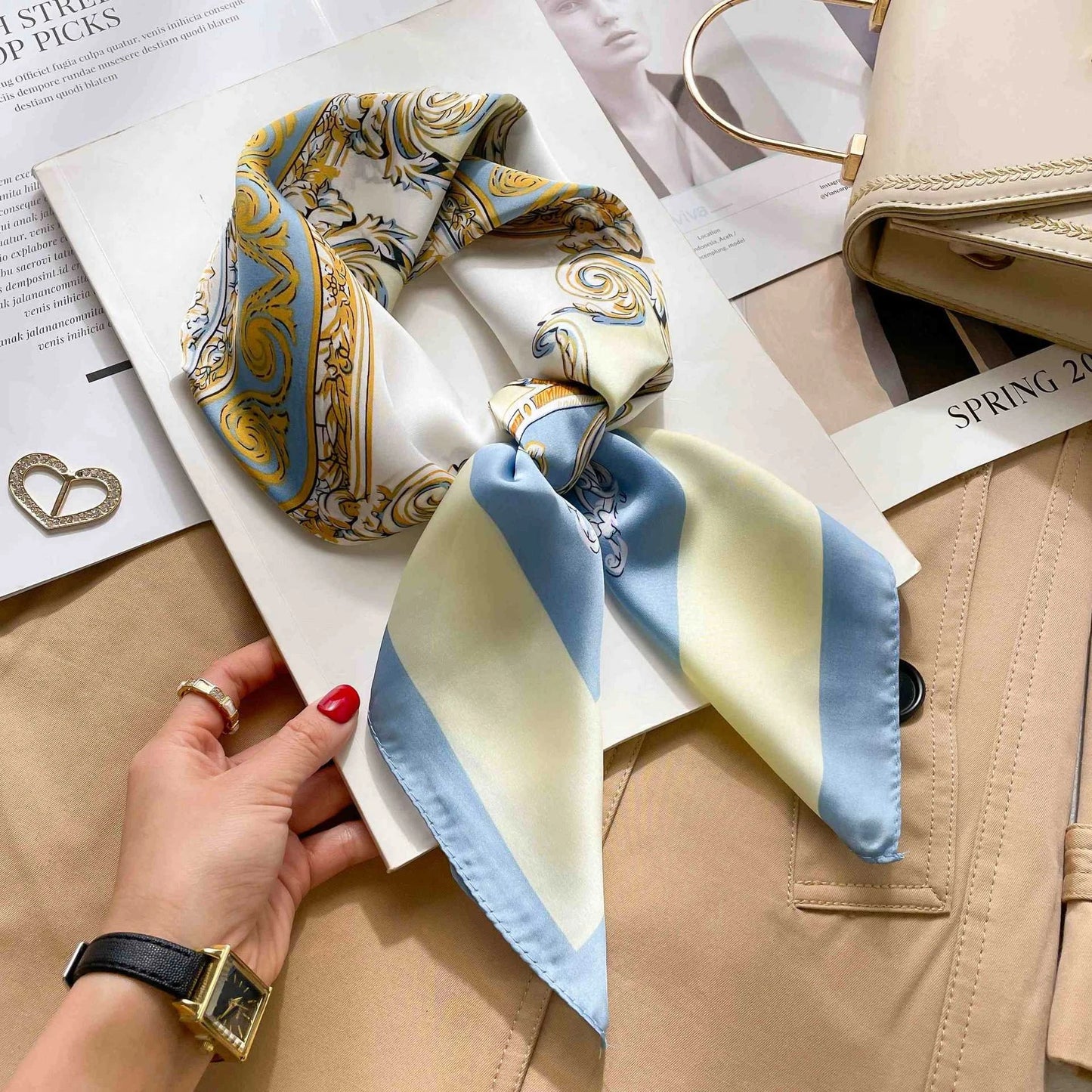 Luxury Print Silk Square Scarf Women 70cmSoft Satin Kerchief Hairband Neckerchief Head Hijab Lady Headband Foulard Bag Ribbon