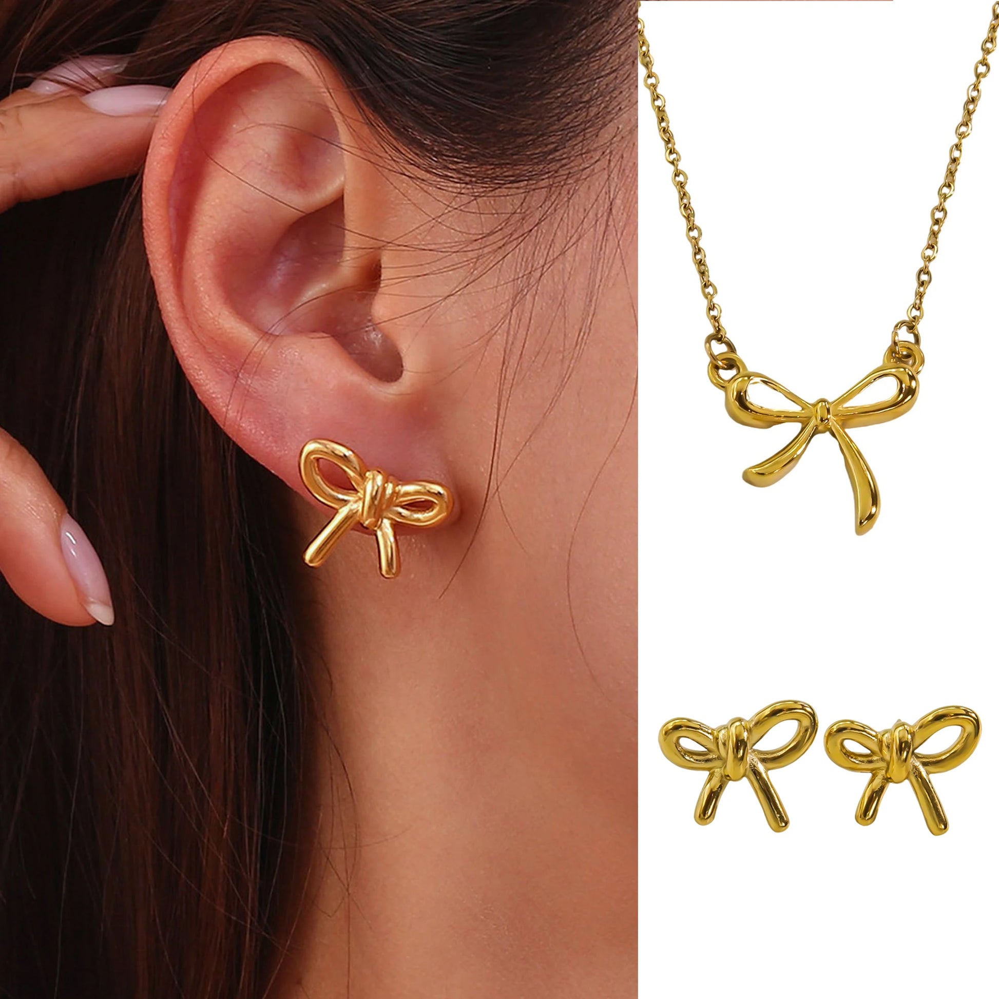 Gold bow-shaped earrings worn on an ear with matching necklace and pendants.