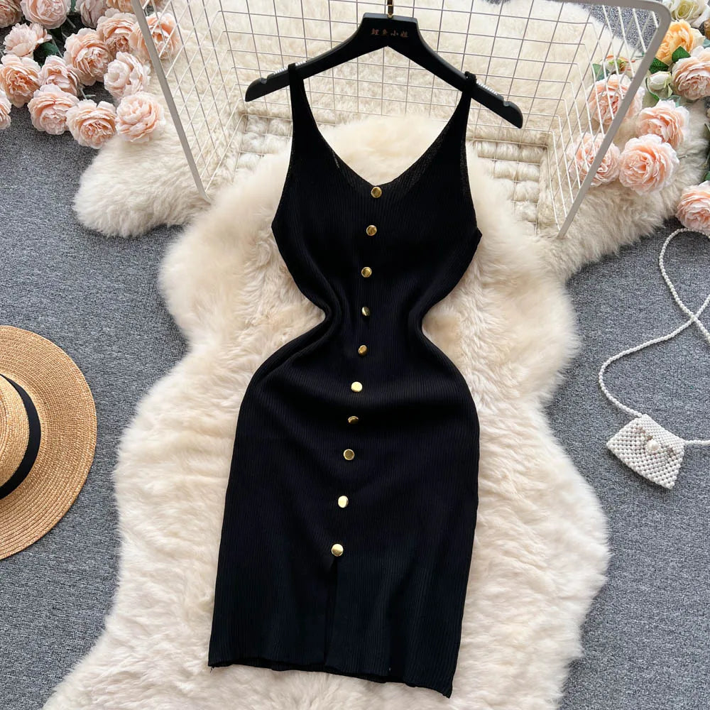 Bottons 2026 Sexy Summer Short Knit Strap Dress Women Tank Elatic Waist Bodycon Sundress Female Beach Split Backless Mini Dress