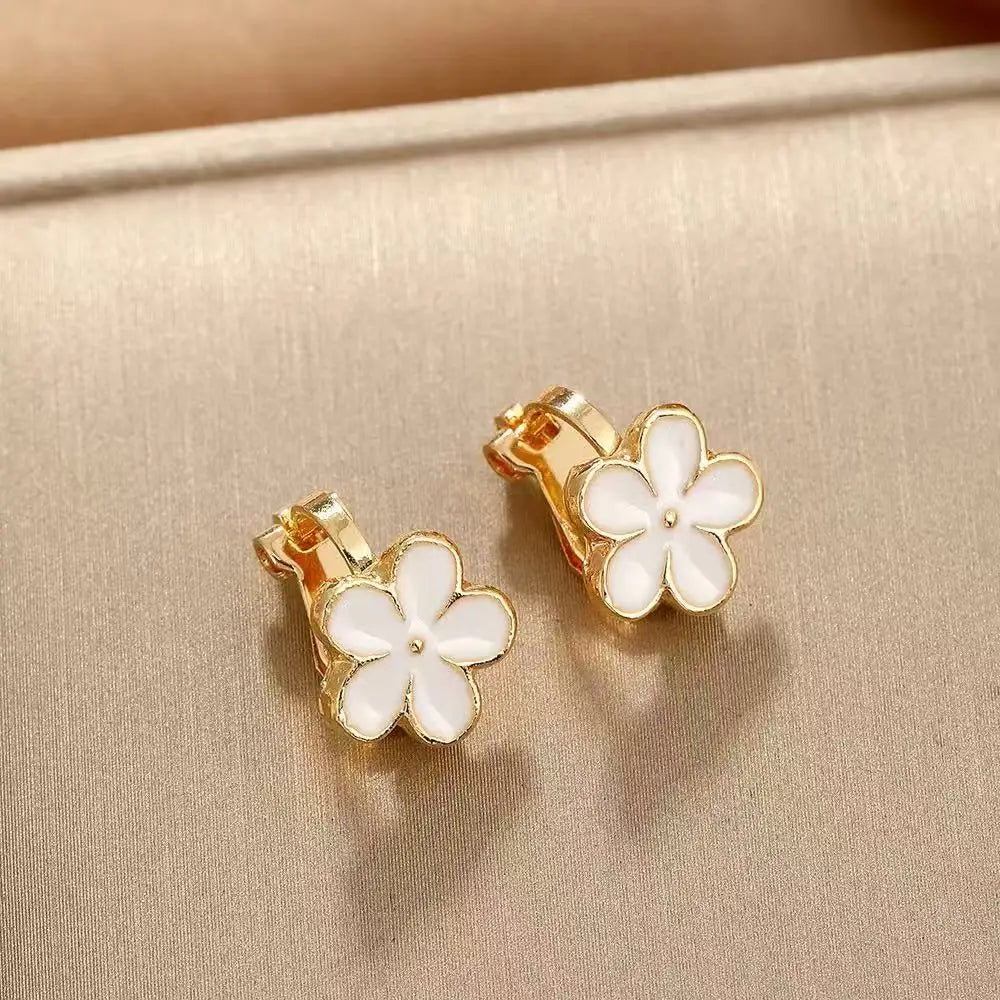 Korean Cute Golden Enamel Flower Clip On Earrings Without Piercing Party No Hole Earcuffs For Women Small Floral Jewelry