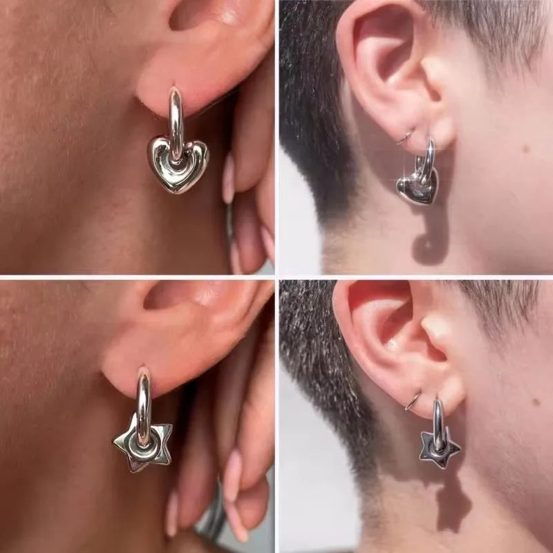 Stainless Steel Asymmetric Star Love Heart Hoop Earrings For Women Men Punk Hip Hop Trend Y2K Fashion Jewelry Scene Accessories