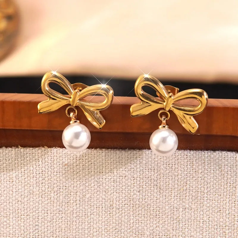Hot Selling Stainless Steel Bow Necklace Light Luxury High-end Pearl Earrings Titanium Steel Color Non-fading Jewelry