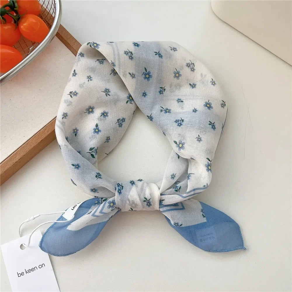 Fashion Floral Print Square Scarf Soft Handkerchief Women Hair Scarf Cotton Linen Head Scarfs Ladies Neck Scarves Summer Autumn