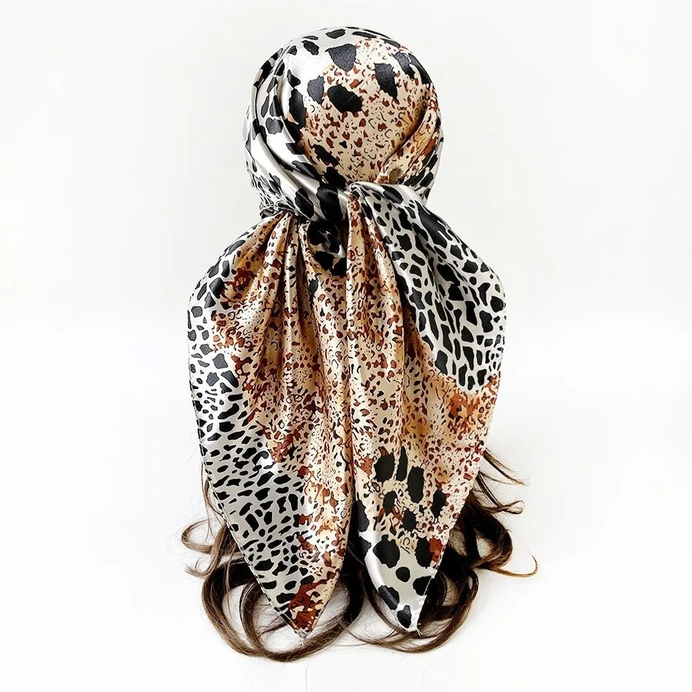 Fashion 90*90cm Square Scarf Imitation Satin Silk Leopard Printed Bandana Scarf Luxury Hip Hop Head Scarf Women