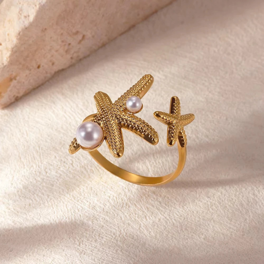 Starfish Shell Stainless Steel Open Rings For Women Fashion Gold Color Finger Ring Trendy Summer Beach Vacation Ocean Jewelry