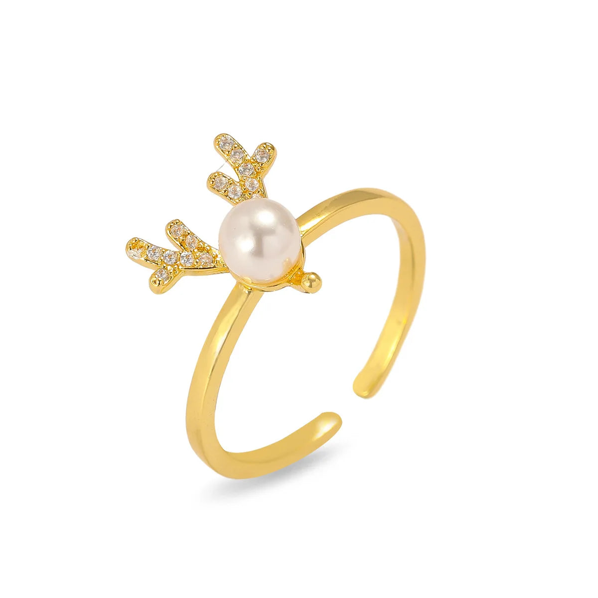 Luxury  Imitation Pearl Zircon Leaf Flower Copper Rings for Women Girls Adjustable Open Ring Jewelry Gifts for Friends