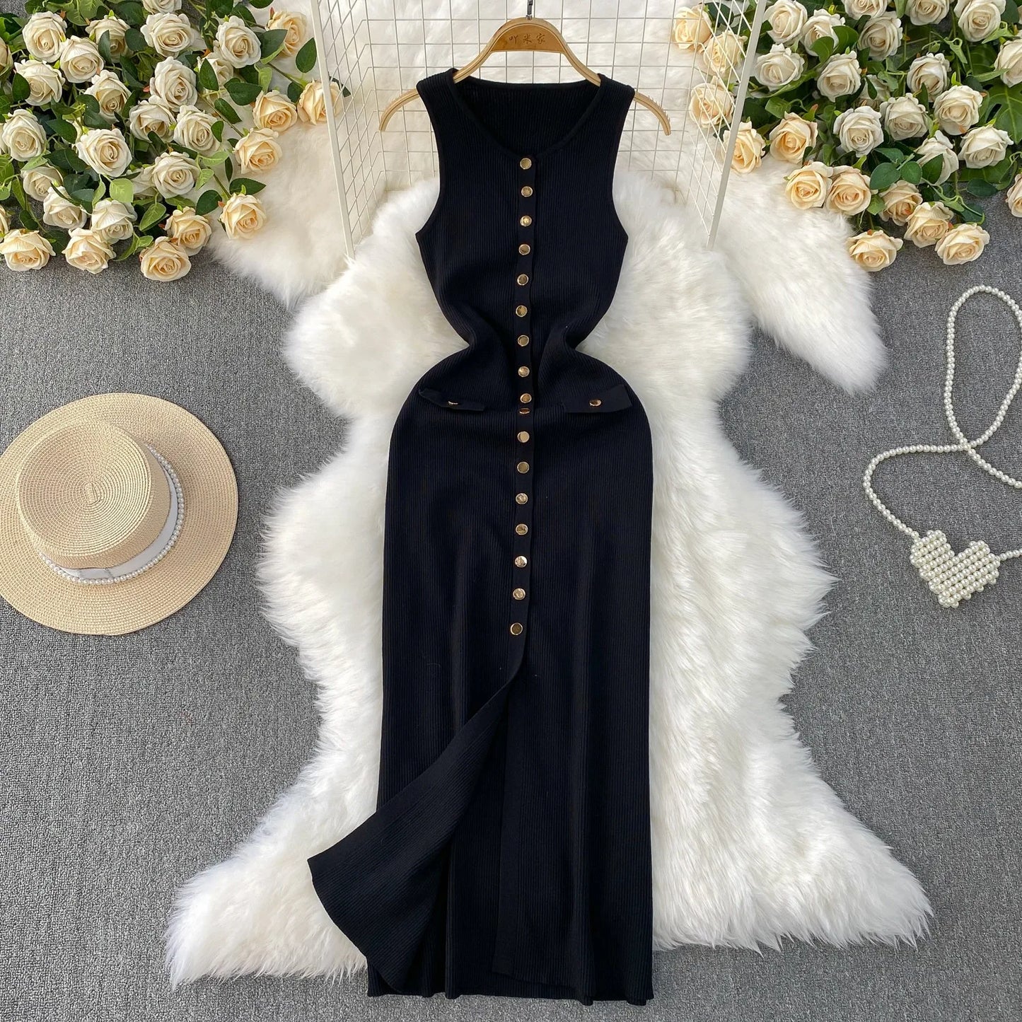 YuooMuoo Brand Style Women Knitted Maxi Dress 2026 New Spring Summer Single-breasted Sleeveless Bodycon Lady Dress Party Vestido