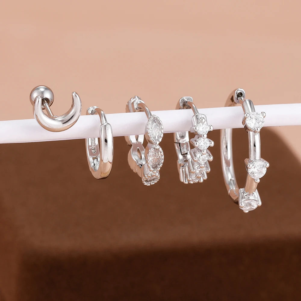 5PCS 20MM Luxury Crystal Hoop Earrings Set For Women Stainless Steel Moon Ear Stud Earring Jewelry Wedding Party Girls Gift