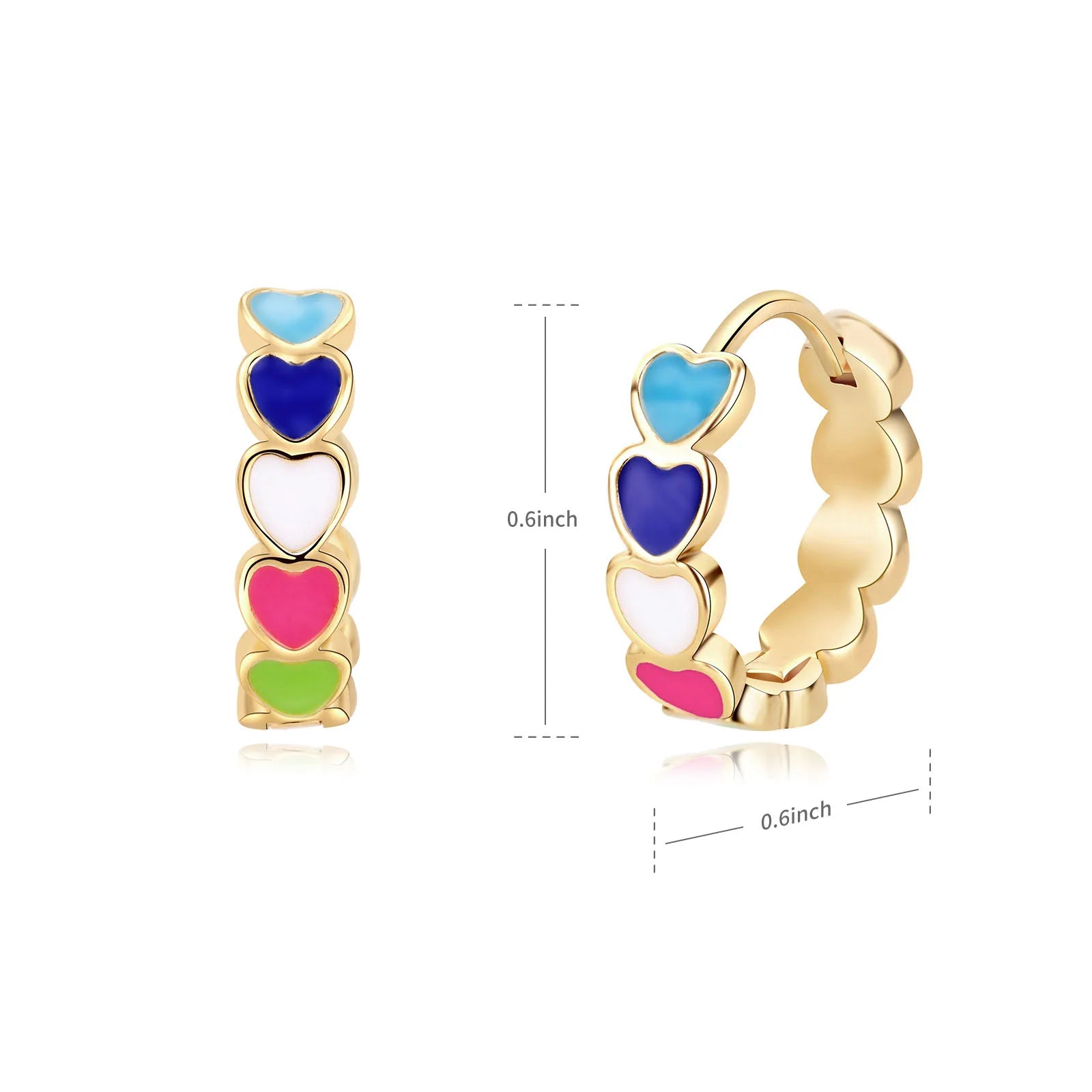 Colorful heart-shaped hoop earrings with gold outline on a white background