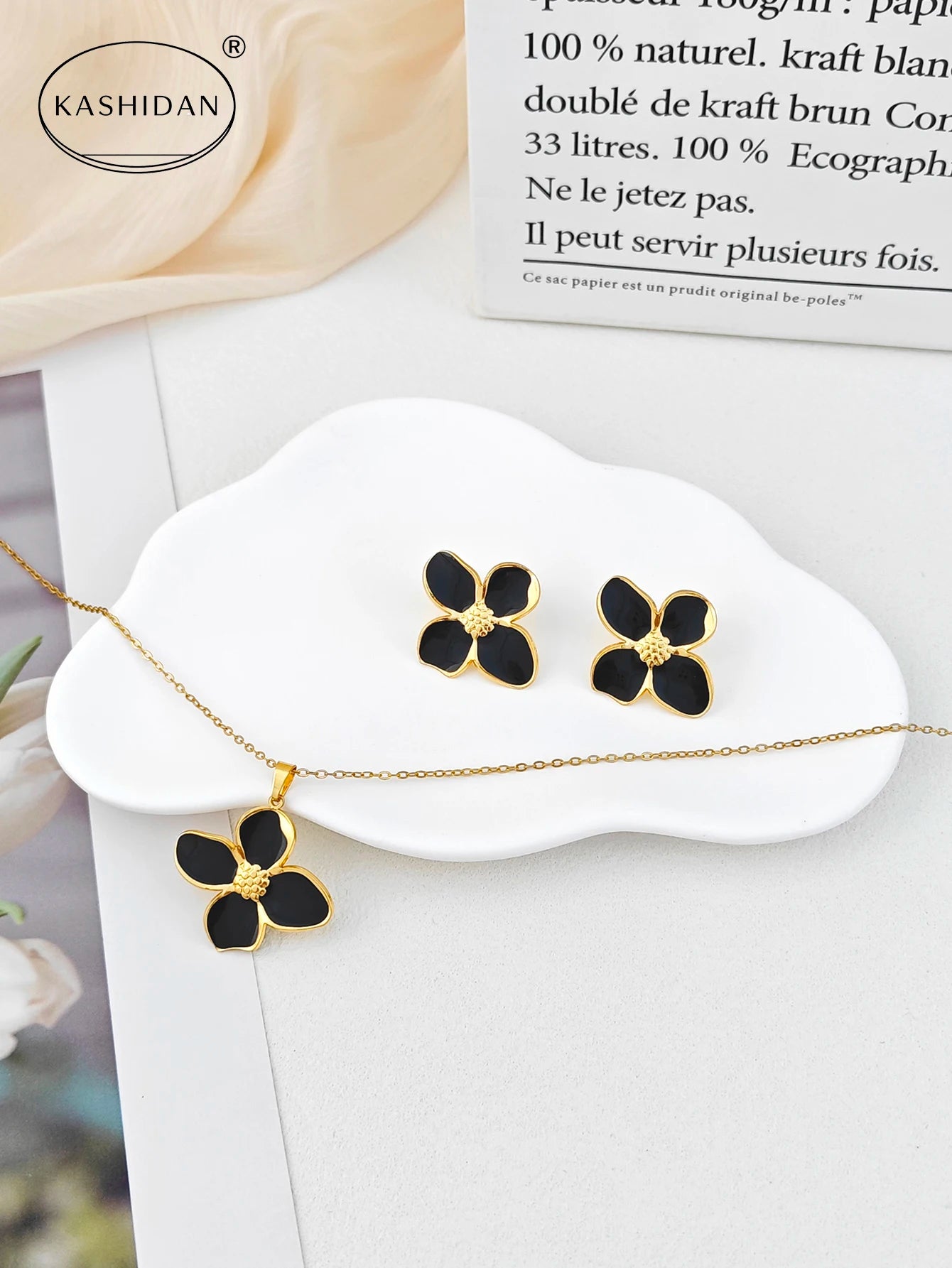 Fashion Colorful Enamel Flower Stud Earrings and Necklace Jewelry Set, Stainless Steel Waterproof Hypoallergenic Jewelry